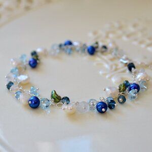 Blue and White Cluster Bracelet in Sterling Silver